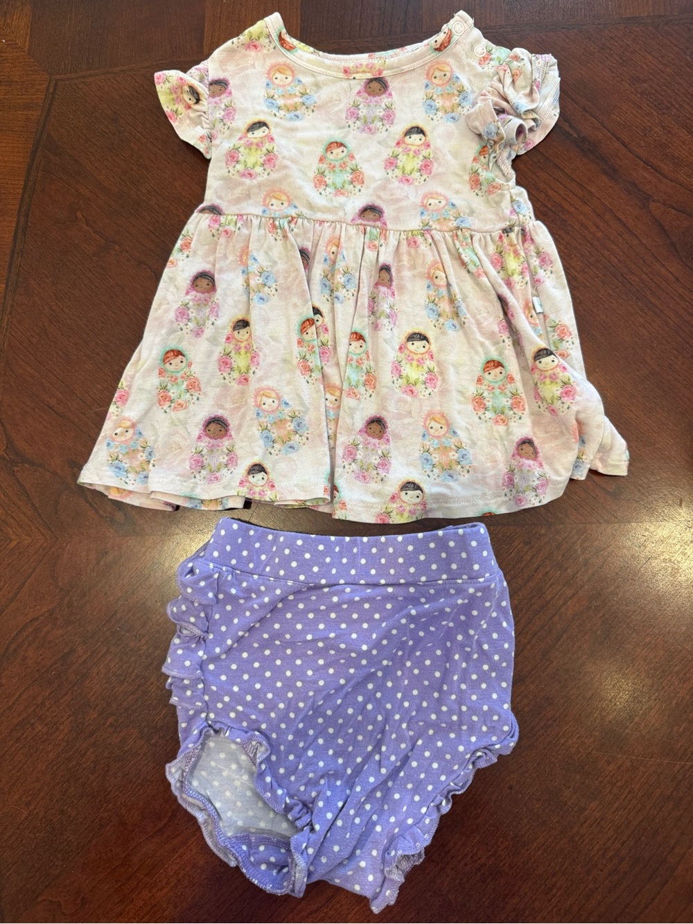 Posh Peanut Pink Doll Print Dress with Purple Polka Dot Bloomers